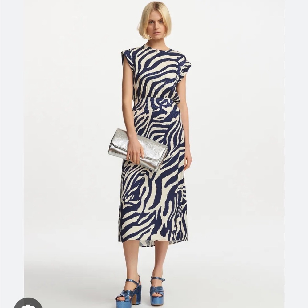 Essentiel Antwerp - Zebra-Print Navy and Cream Midi Dress